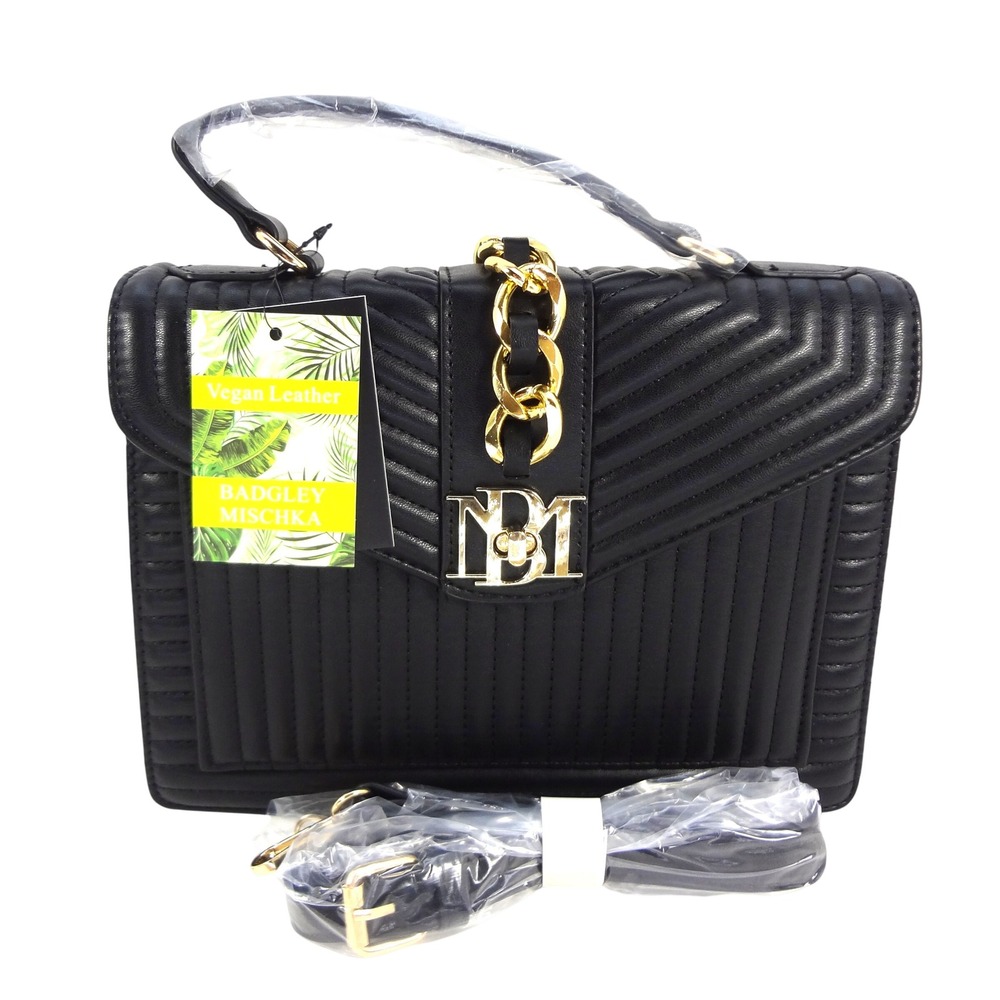 NWT Badgley Mischka Quilted Vegan Leather Top Handle Crossbody Bag Black w Chain